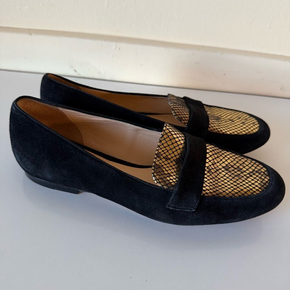 Cole Haan Grand Dakota snakeskin embossed loafers black suede gold Sz 8